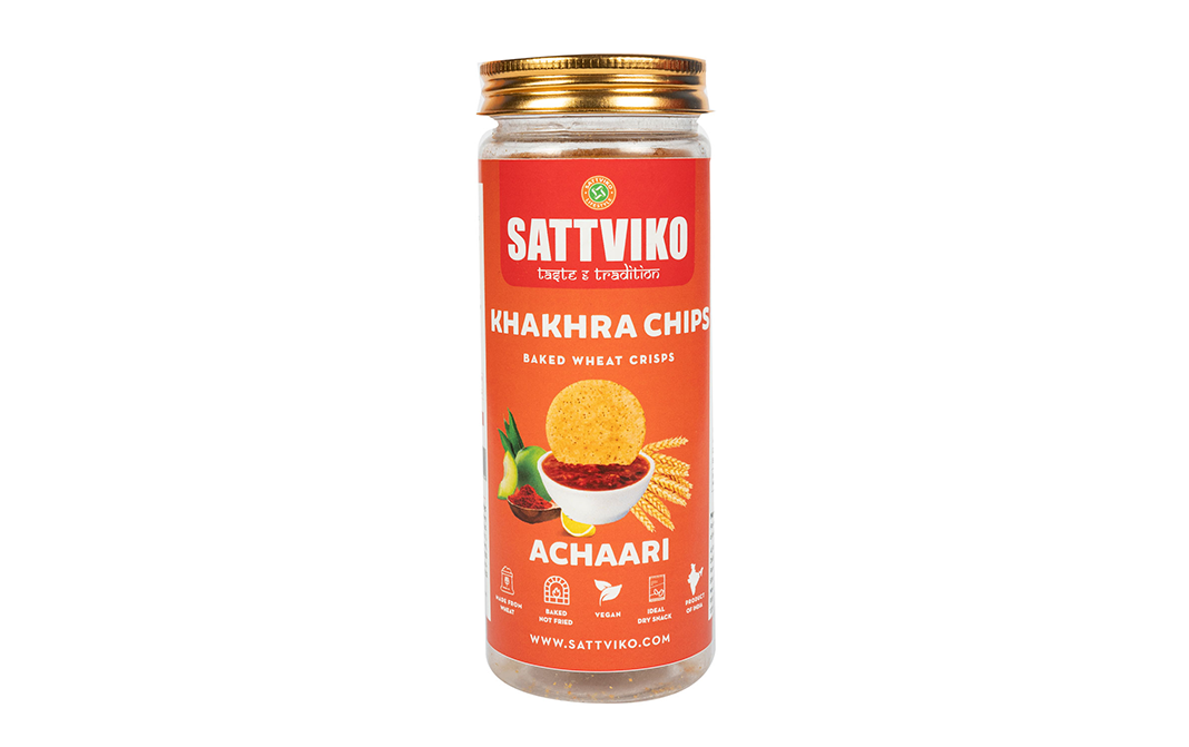 Sattviko Khakhra chips Baked Wheat Crips Achaari   Glass Jar  120 grams